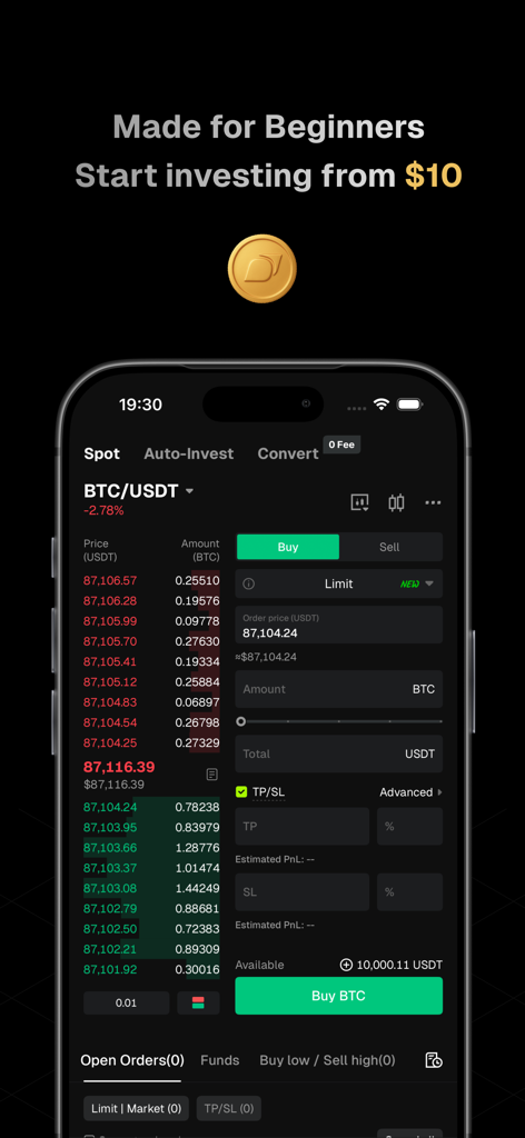 Interface de l'application de trading spot de Bitunix pour le trading BTC USDT avec le slogan "Conçu pour les débutants. Commencez à investir à partir de 10 dollars."