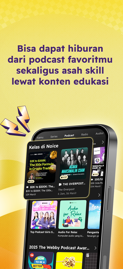 NOICE mobile app interface showing educational podcast classes and Indonesian audio content