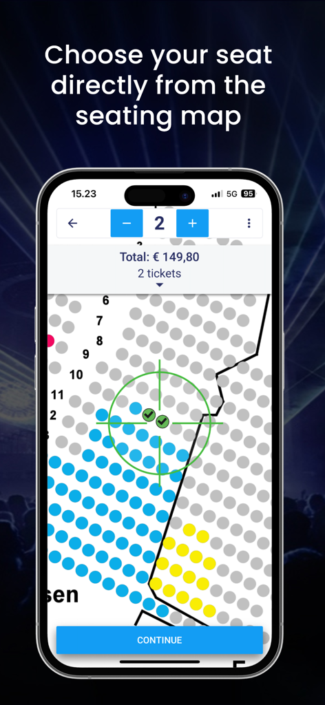 lippu.fi - Interface of the lippu.fi app showing an interactive seating map for selecting specific seats at an event.