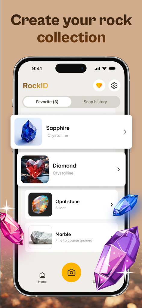 Interface de aplicativo móvel mostrando uma coleção digital personalizada de pedras com entradas para Safira, Diamante e Opala