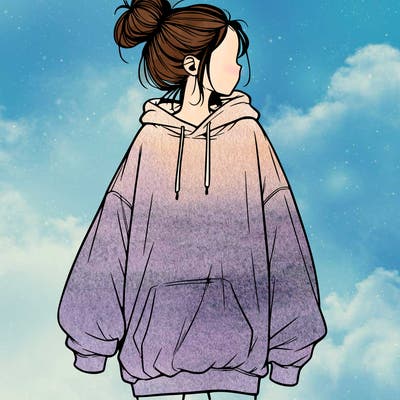 realistic girl with a oversized sweatshirt on and a bun