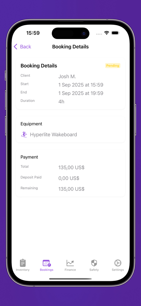 iPhone screenshot of the PCB Pier Control Board app displaying a rental booking for a wakeboard including client info and payment summary