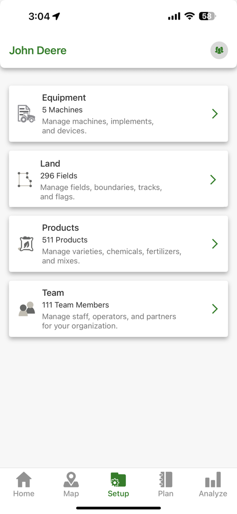 Operations Center Mobile - Menú de configuración de la aplicación John Deere Operations Center Mobile con opciones de gestión para equipos, terrenos, productos y grupos