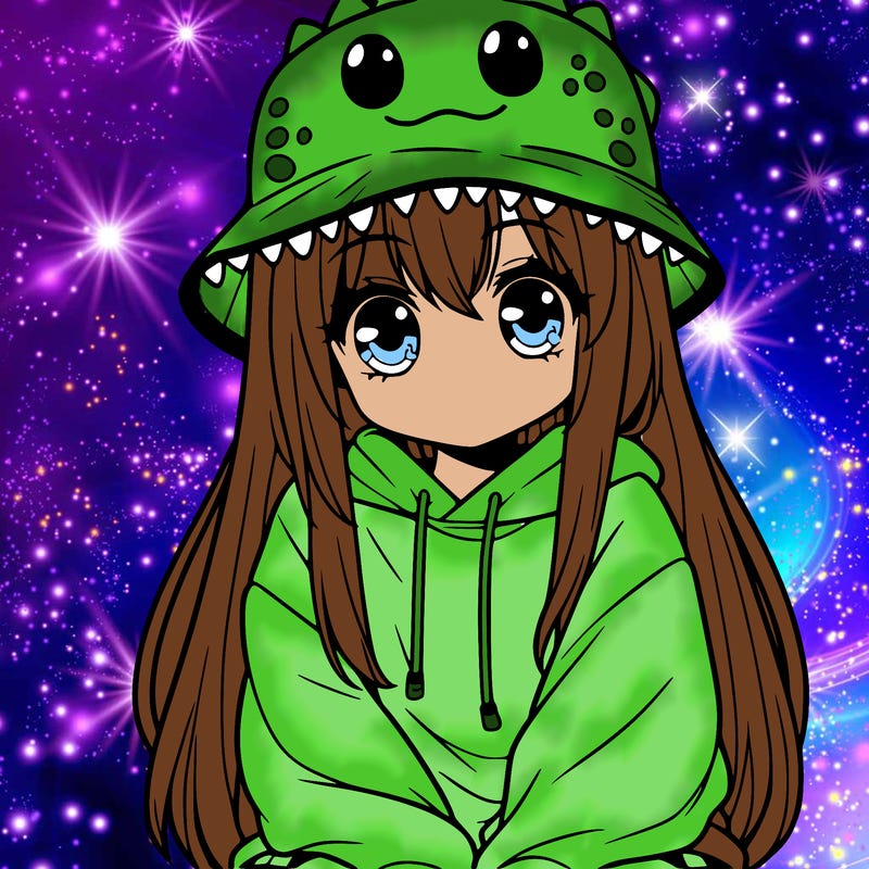 girl with anime shaped eyes with a dinosaur bucket hat oversized sweatshirt long straight hair