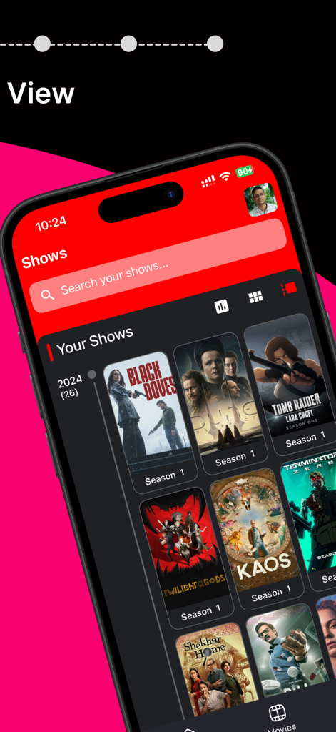 Binge Me - Binge Me app interface showing a list of tracked TV shows in a grid layout on an iPhone