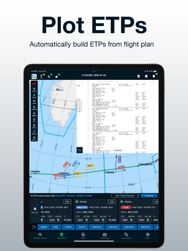Scott IPC app on iPad showing automated ETP plotting for aviation flight routes