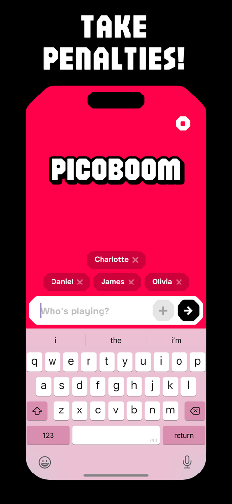 A mobile screen from the Picoboom app showing the player entry interface where users can add friends to the game squad