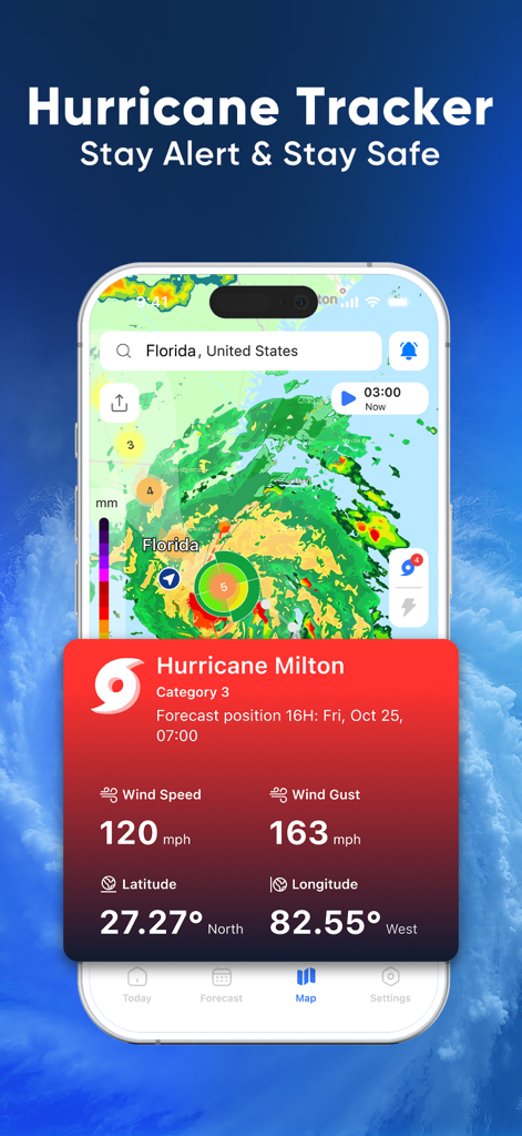 NOAA Weather Radar - SkyRadar - Interfaccia del tracker dell'uragano Milton sull'app SkyRadar che mostra la velocità del vento e la mappa live della Florida