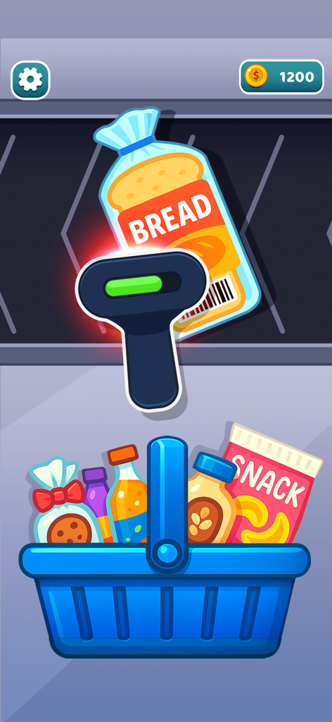 Barcode scanner scanning bread above a full shopping basket in the Bakery Mart Cashier Game