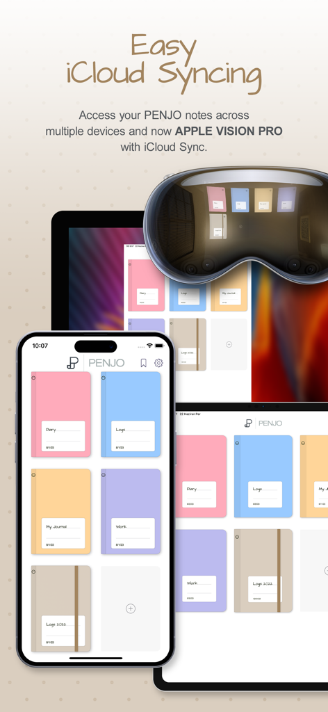 Penjo app interface showcasing seamless iCloud syncing across iPhone, iPad, and Apple Vision Pro with aesthetic digital journal covers.