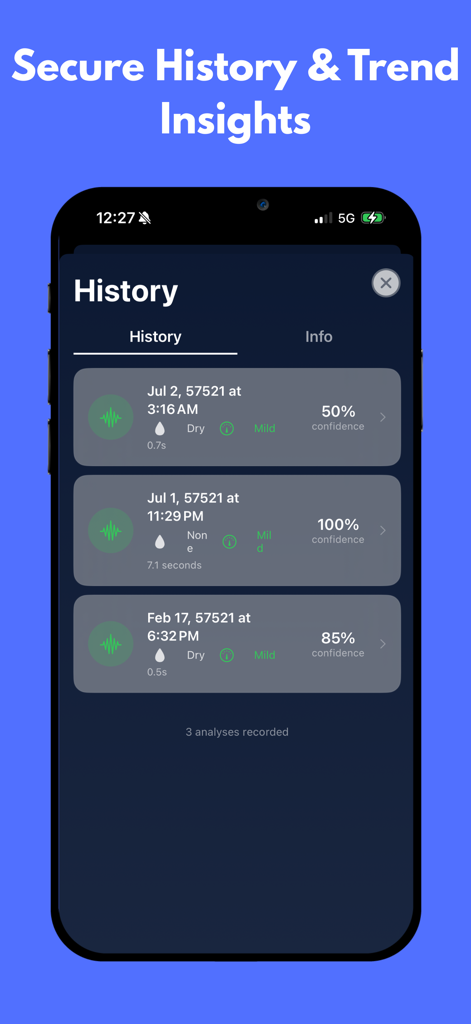 AI Cough Checker - AI Cough Checker history screen showing a list of cough analysis records with confidence levels
