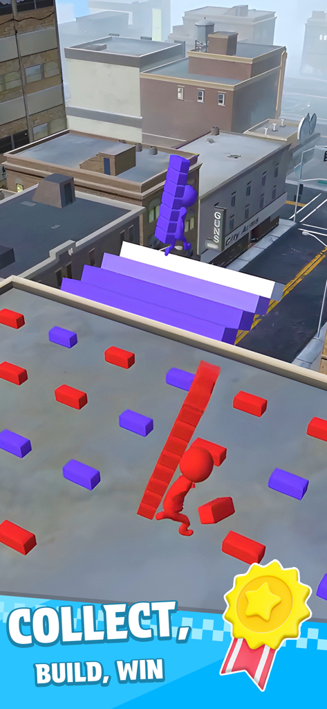 Bridge Race - Personajes recogiendo bloques de colores y construyendo puentes en una azotea en Bridge Race