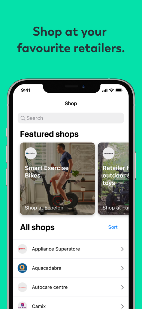 Newpay - Newpay app screen showing featured shops and a list of retailers to shop from