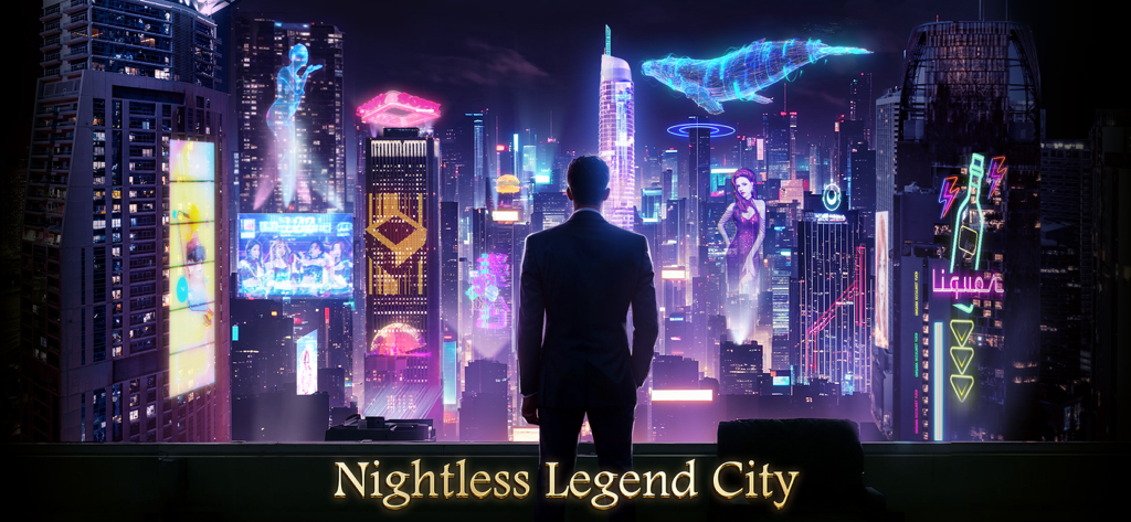 Legend City - Man in a suit overlooking a neon futuristic city skyline at night in Legend City
