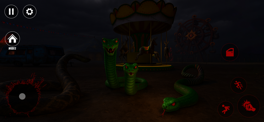 The Viper’s Whisper - Giant green snakes with glowing red eyes slithering through an abandoned carnival at night in The Vipers Whisper horror game.