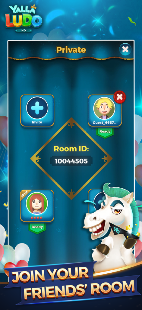 Interface of a private game room in Yalla Ludo HD for iPad showing player slots and a room ID to join friends.