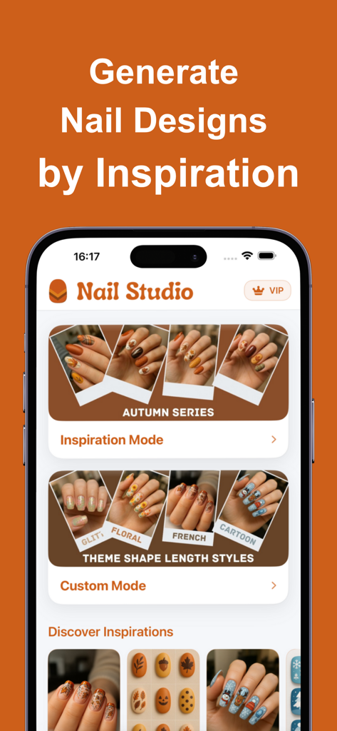Nail Design Generator & Try-on - Nail Studio mobile app interface featuring AI inspiration and custom design modes for nail art