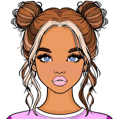 realistic girl with two buns in hair and lips