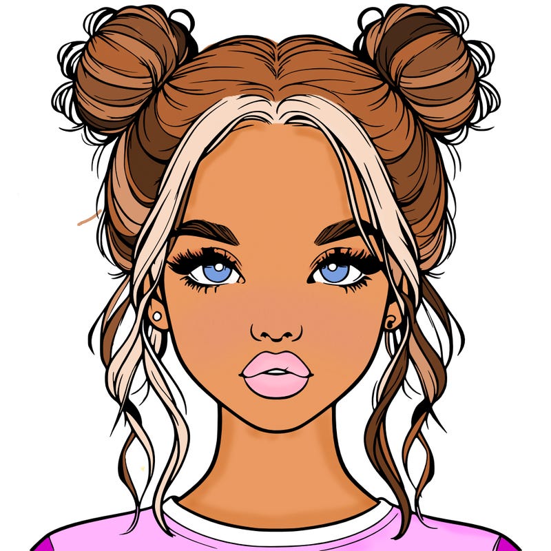 realistic girl with two buns in hair and lips