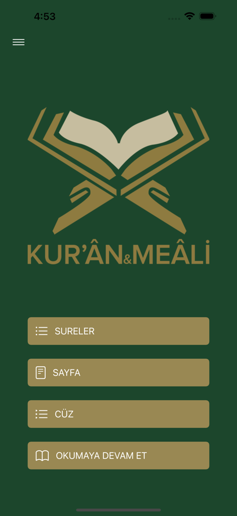 Home screen of the Kuran ve Meali mobile app featuring navigation buttons for Surahs, Pages, and Juz in Turkish.