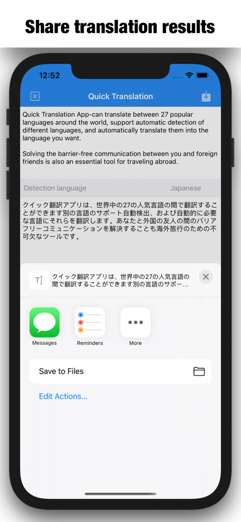 Quick Translation app showing the share menu for translated text on an iPhone