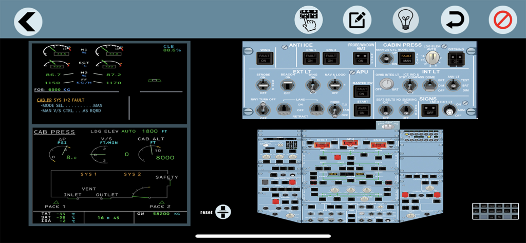 Interfaccia di addestramento pilota Airbus A320 che mostra gli avvisi di guasto ECAM e gli interruttori del pannello superiore della cabina