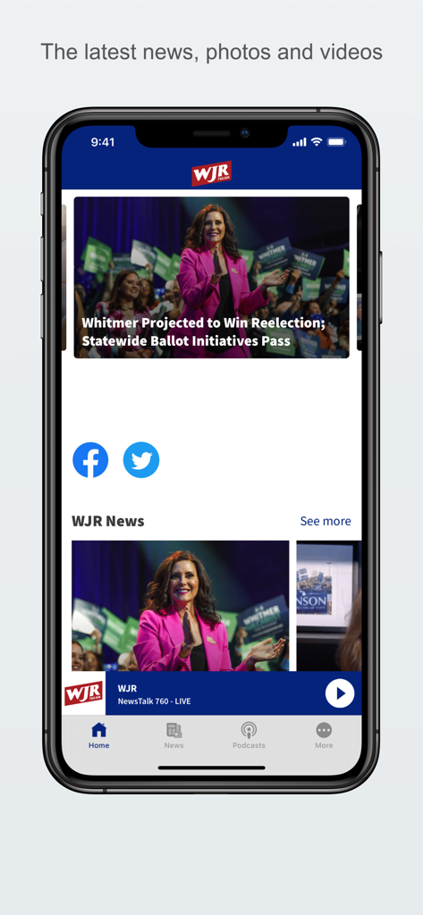 WJR-AM radio app interface displaying local news articles and live broadcast player