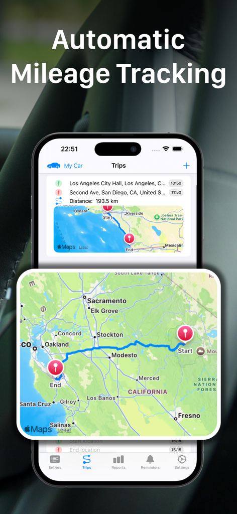 Car Maintenance Tracker - MPG - Rastreamento automático de quilometragem com histórico de viagens e rotas de mapa.