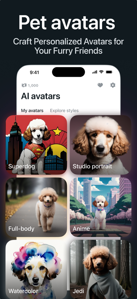 IM AI Avatar - New Profile Pic - Interfaz de la app IM AI Avatar mostrando varios estilos de avatares de mascotas generados por IA, incluyendo versiones de superhéroe, anime y acuarela de un perro.