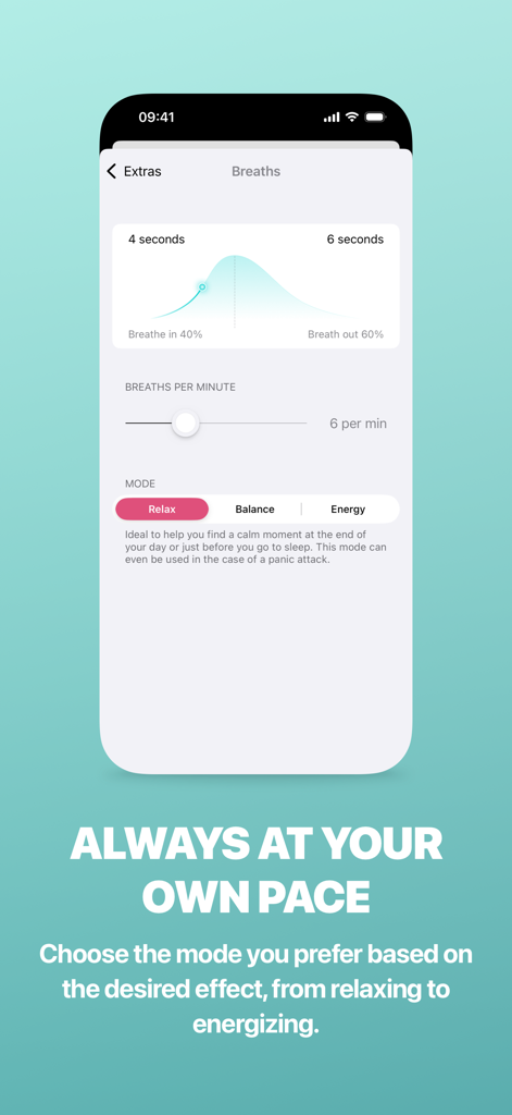 Respire app interface for selecting breathing modes like relax balance and energy