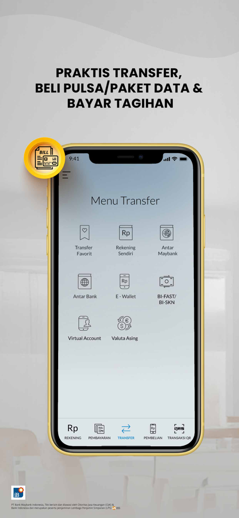 Maybank2u ID Mobile App-Bildschirm mit dem Überweisungsmenü und Optionen für Banküberweisungen und Aufladungen von E-Wallets
