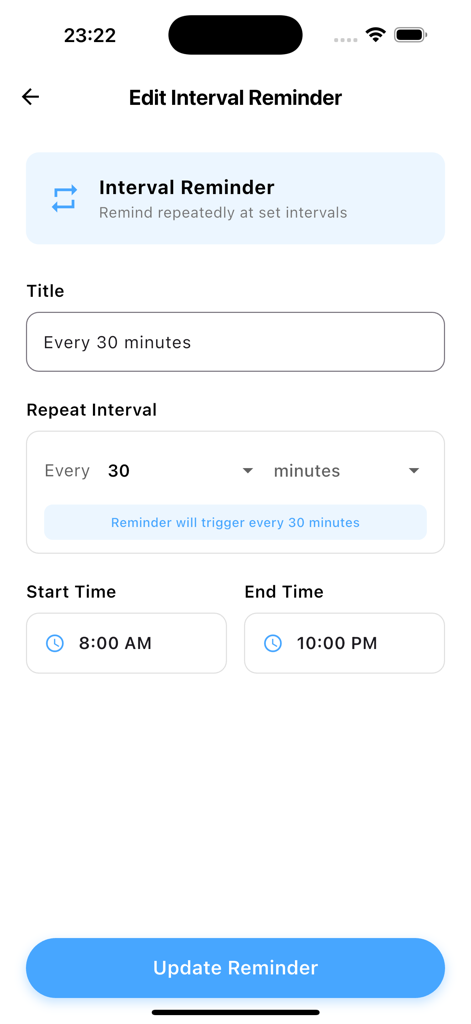 Waterry - Water Reminder - La pantalla de configuración de recordatorios de intervalo en la aplicación Waterry que muestra la personalización de la hora y frecuencia de las notificaciones.