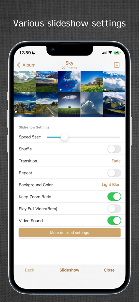 Interface of the Shuffle Photos app showing slideshow settings including speed transition and shuffle options