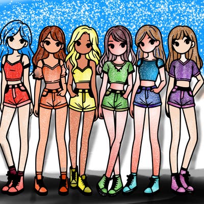 a group of girls wearing crop tops and shorts