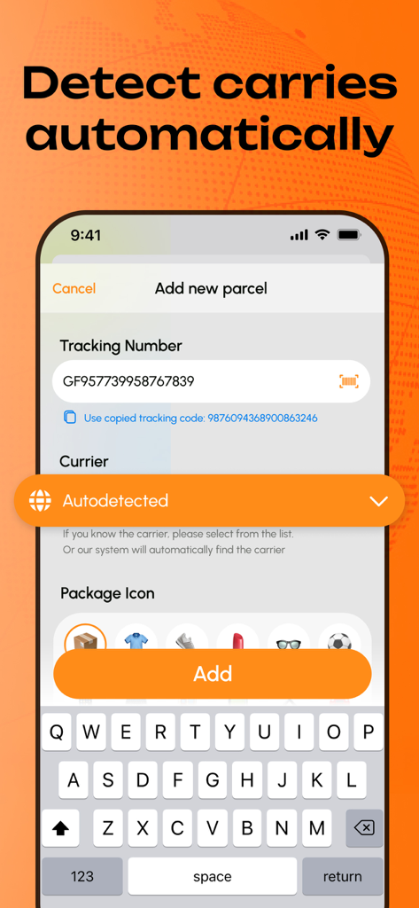 Uno screenshot dell'app My Parcel Delivery Tracker che mostra la schermata di aggiunta di un nuovo pacco con rilevamento automatico del corriere.