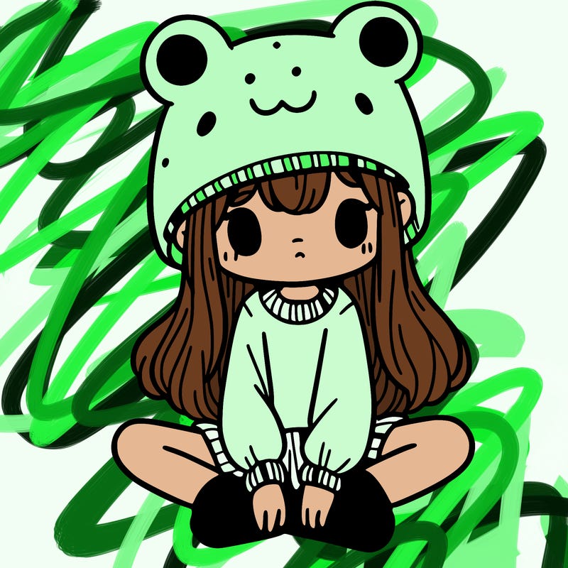 a girl wearing a frog hat and some frog socks