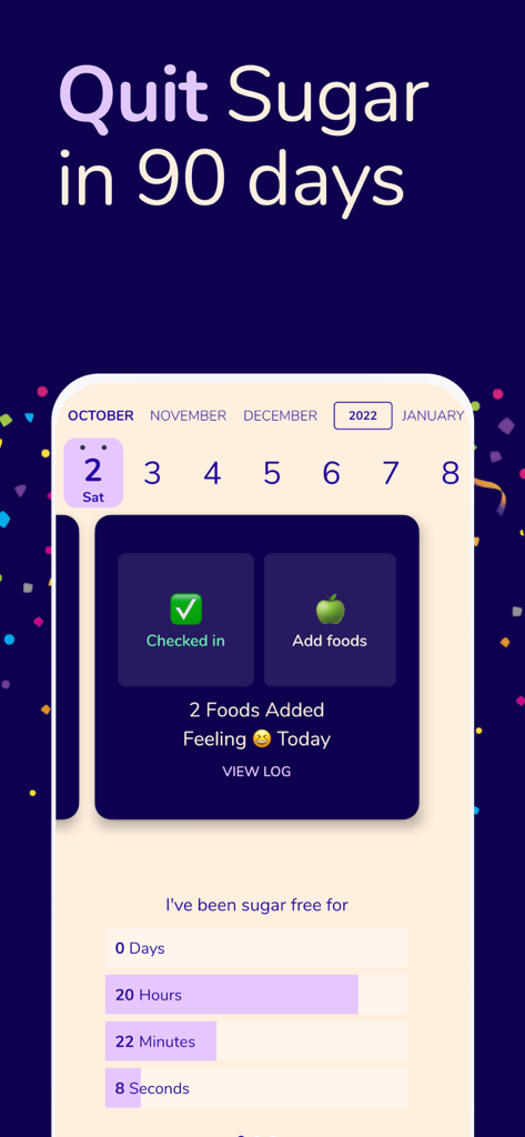 Sugarfree Quit Sugar Addiction - Sugarfree app dashboard showing a 90-day challenge and a timer for sugar sobriety