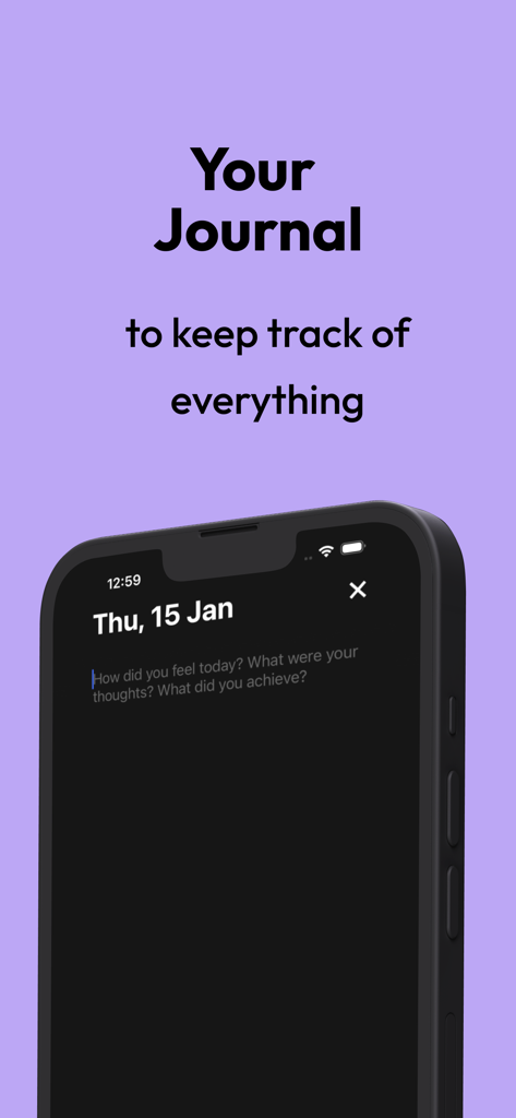 Screenshot of Onrise app showing the journal feature for daily reflections on an iPhone with a purple background.