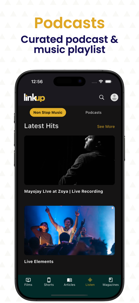 LinkUp Addis app interface for curated podcasts and music playlists