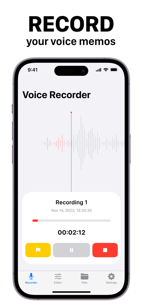 Voice Recorder app interface showing an ongoing audio recording with a waveform and playback controls on an iPhone