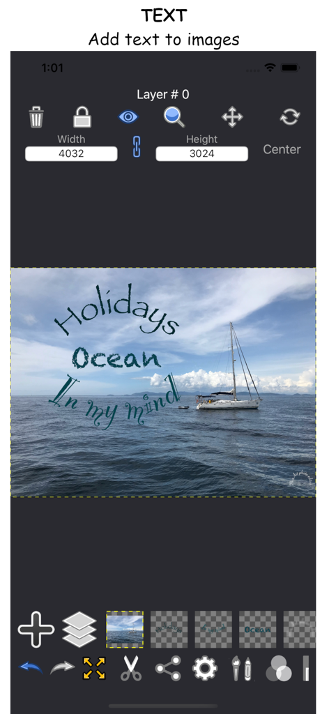 MixArt Photo Editor - MixArt Photo Editor app interface showing how to add circular text to an ocean landscape photo using layers