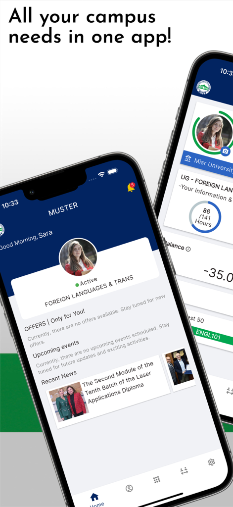 MUSTER | MUST University - MUSTER app dashboard for Misr University for Science and Technology showing student news and academic progress