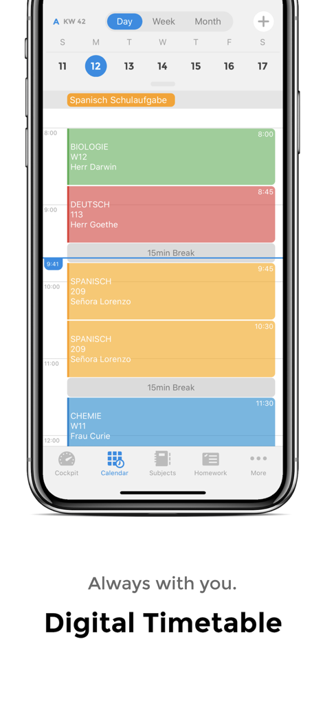 Notenapp - digital school tool - Interface de horário escolar digital em uma tela de smartphone mostrando um horário escolar codificado por cores para estudantes.