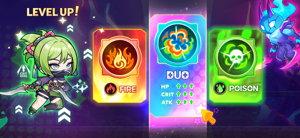 Hero Blitz: RPG Roguelike War - Chibi anime character choosing between fire and poison elemental skills on a level up screen in Hero Blitz