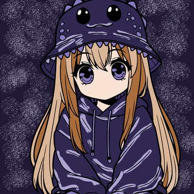 girl with anime shaped eyes with a dinosaur bucket hat oversized sweatshirt long straight hair