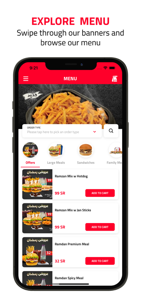 Jan Burger | جان برجر - Jan Burger mobile app interface showing the menu with burger meal offers and categories