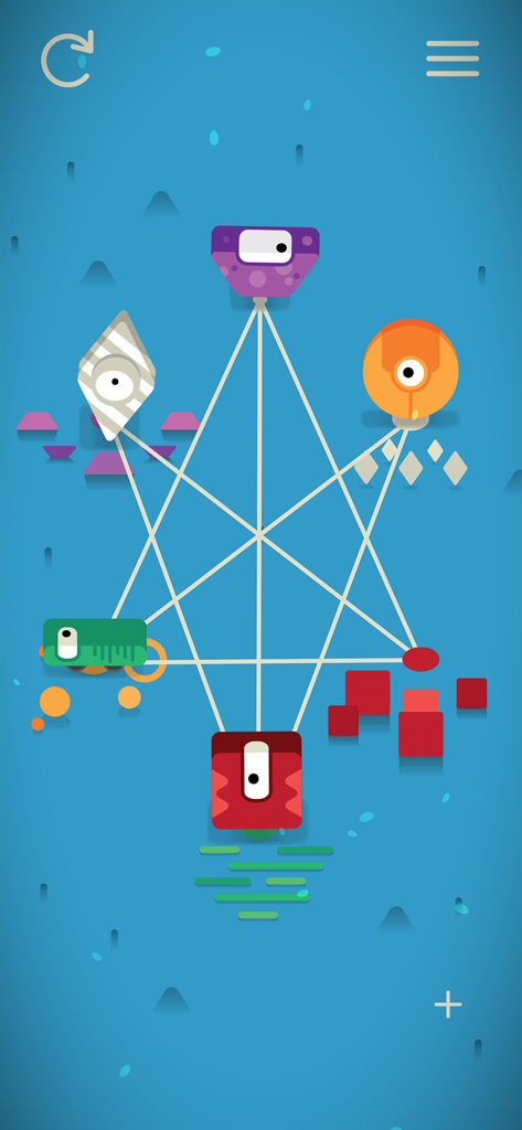 Sputnik Eyes - Colorful robots on a network of connecting lines in a logic puzzle level from Sputnik Eyes.