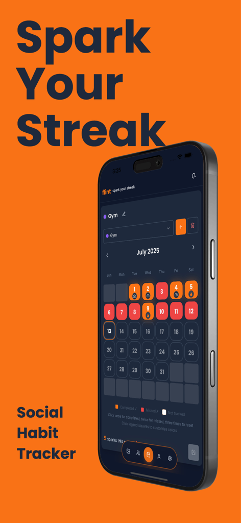 flint: Social Habit Tracker - Un smartphone mostrando la aplicación flint de rastreo de hábitos sociales con un calendario de rachas de gimnasio de julio de 2025 sobre un fondo naranja.