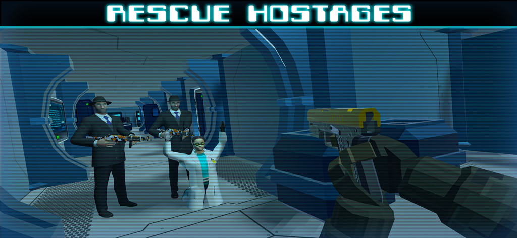 Shadow ops - Tactical shooter - Ego-Perspektive einer taktischen Shooter-Gameplay-Szene, die bewaffnete Männer und eine zu rettende Geisel zeigt.