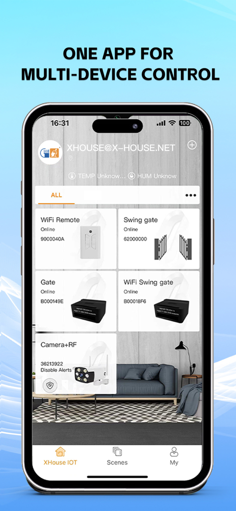 XHouse IOT app interface on a smartphone showing controls for smart gates and security cameras